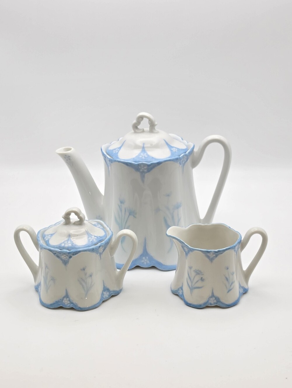 Vintage RARE Kay Mallek Original Hand Painted Blue Floral 3Pc Porcelain Tea Set